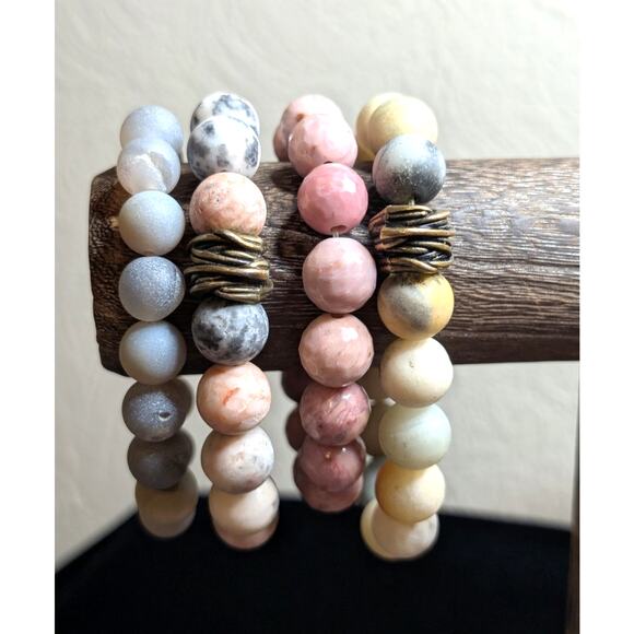 Lot of Four Pink Gray Yellow Stone Bead Stretch Bracelets - Picture 1 of 5